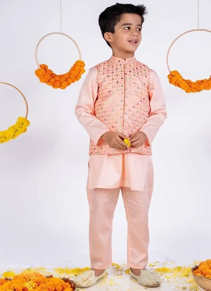 Peach embroidered cotton silk nehru jacket set
