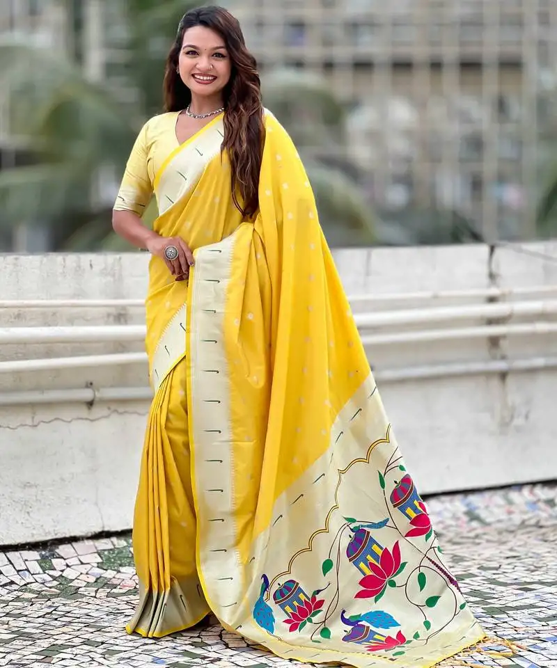 Pastel zari woven peacock lotus paithani silk saree