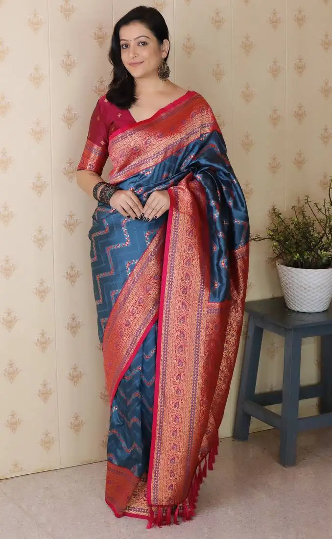 Soft silk banarasi zigzag meenakari zari woven saree