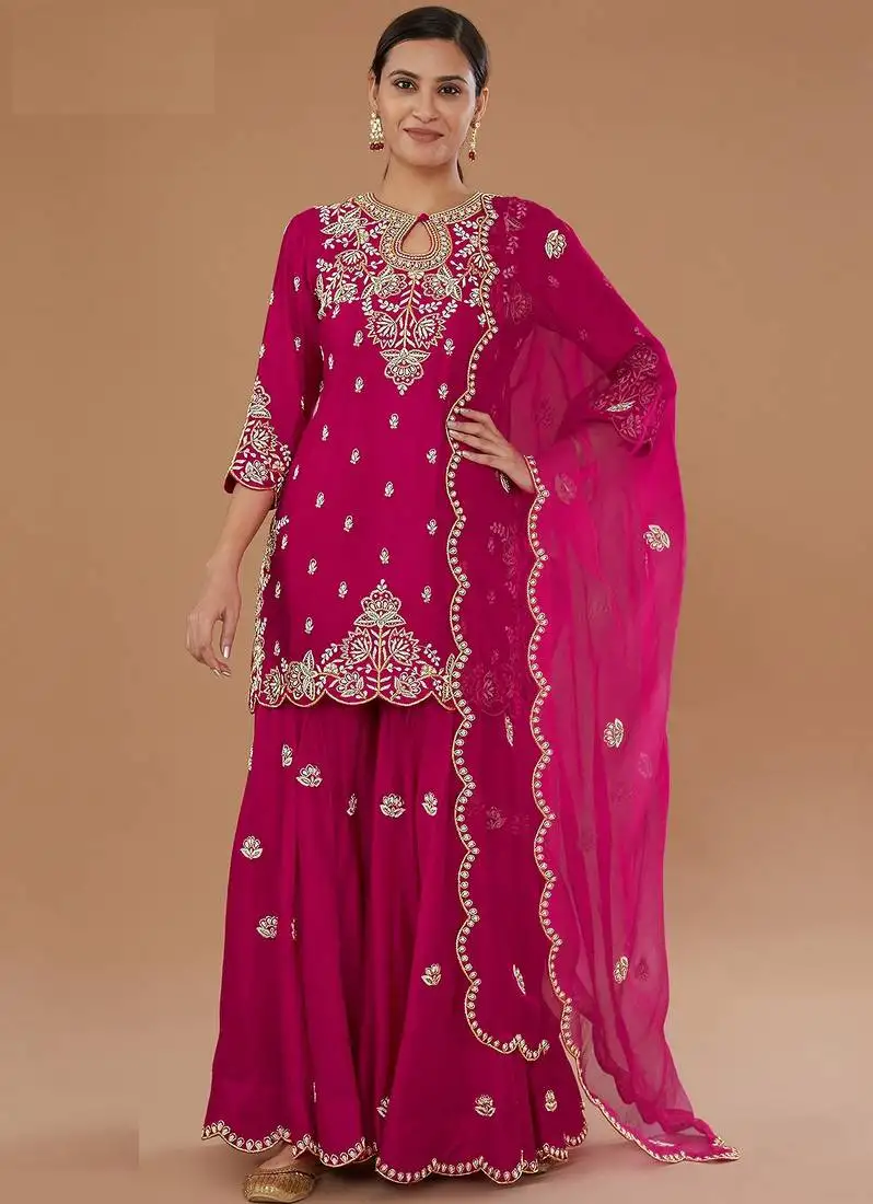 Pink embroidered vichitra semi-stitched palazzo style salwar suit semi stitched