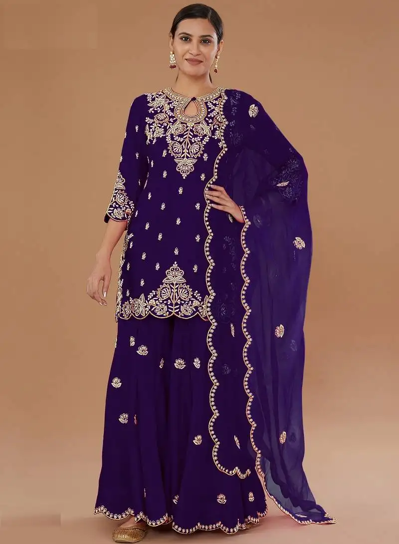 Blue embroidered vichitra semi-stitched palazzo style salwar suit semi stitched