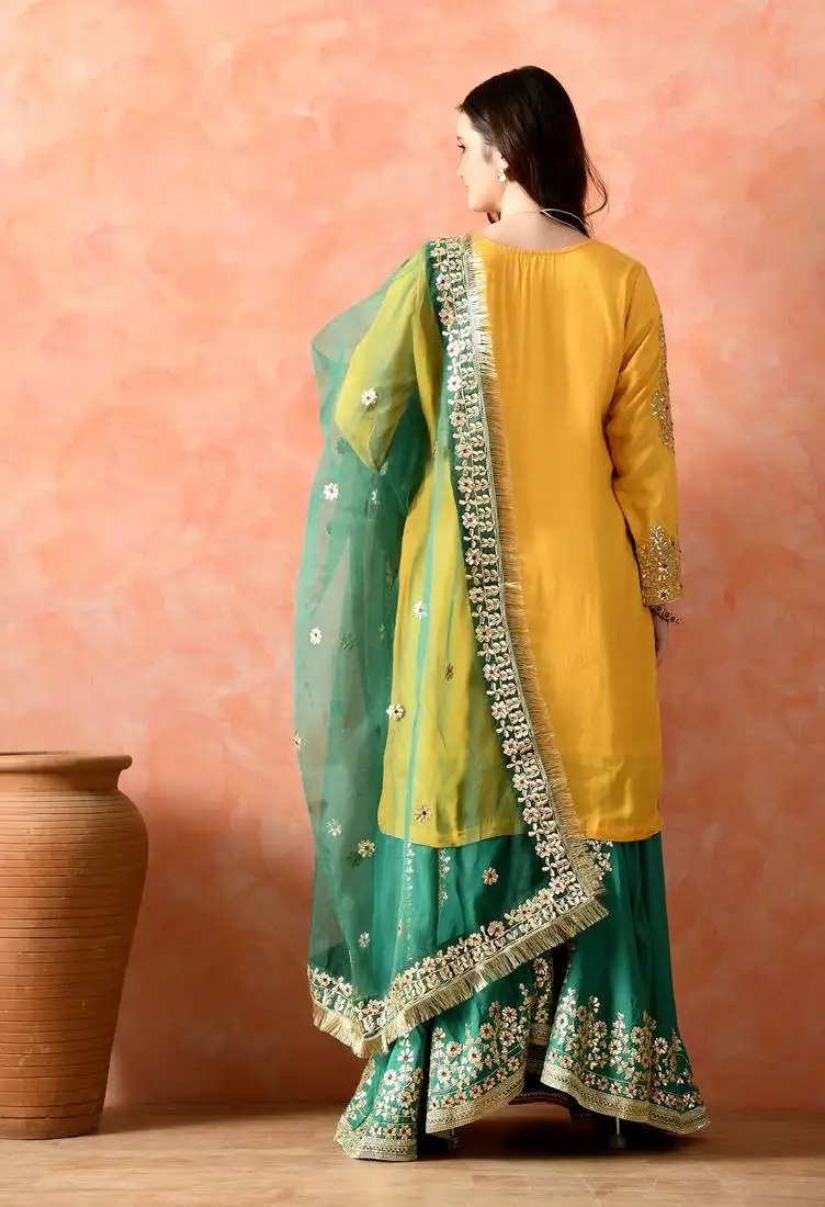 Yellow gotta sharara set with crystal detailing stitched