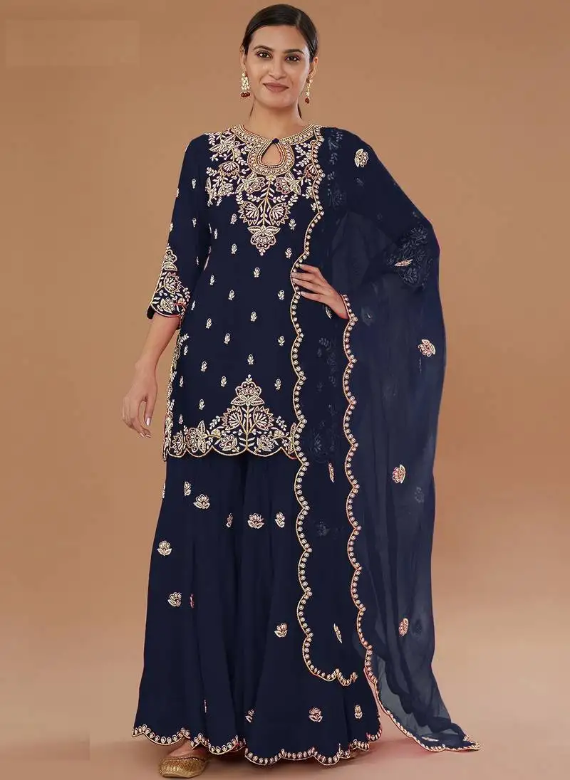 Navy blue embroidered vichitra semi-stitched palazzo style salwar suit semi stitched