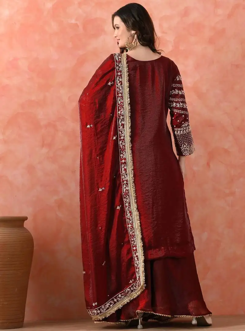 Maroon sharara set with zardozi & dabka work stitched
