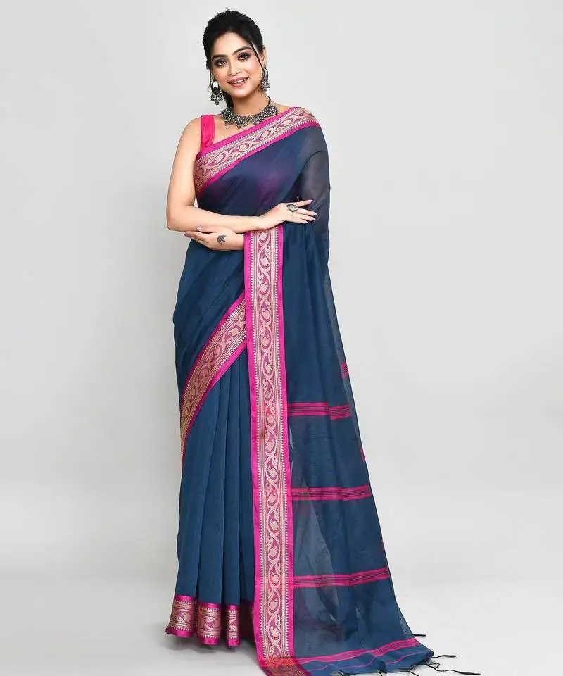 Blue and pink cotton saree with running blouse