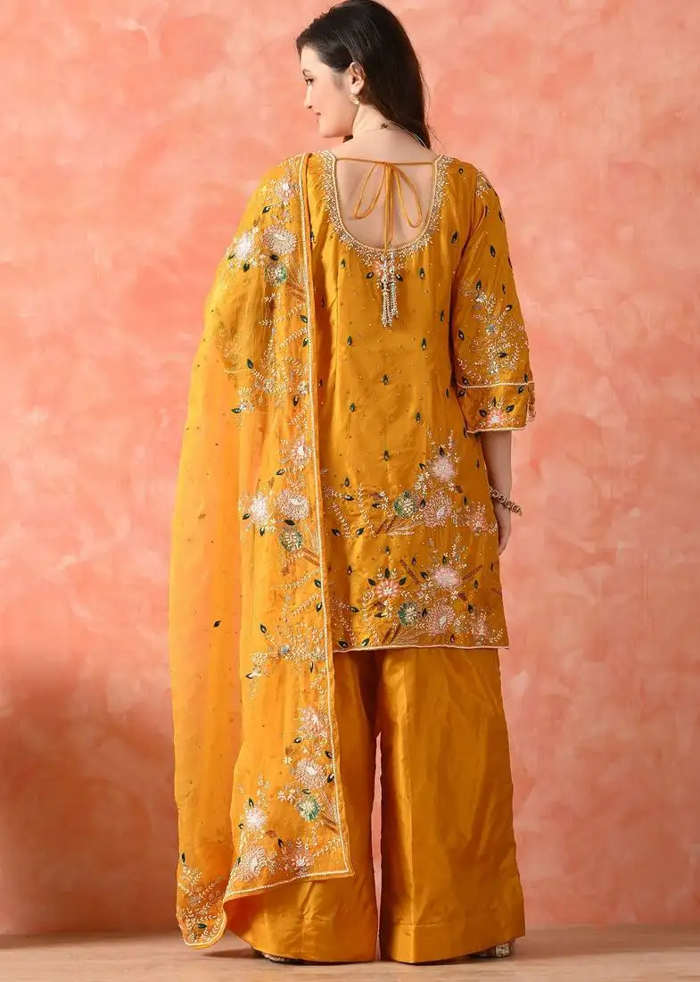 Yellow kurta set with thread, pearl & zardozi work stitched
