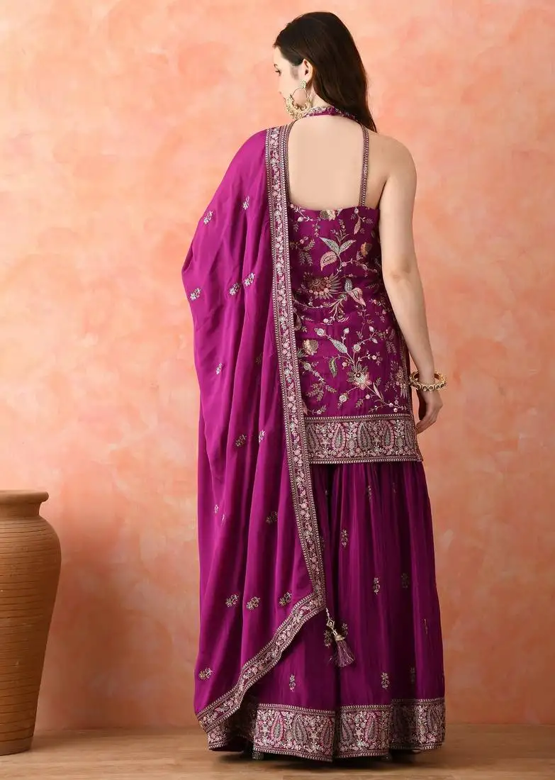 Purple gharara set with zardozi & thread work stitched