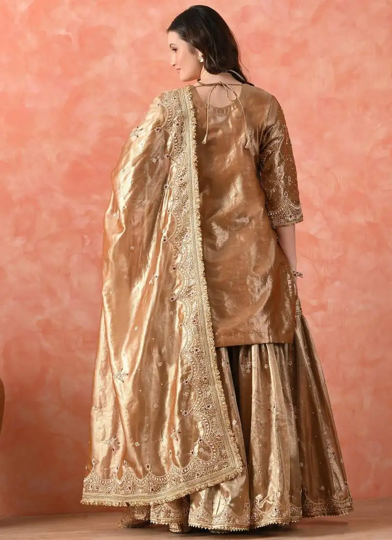 Golden gharara set with zardozi & kundan embroidery stitched