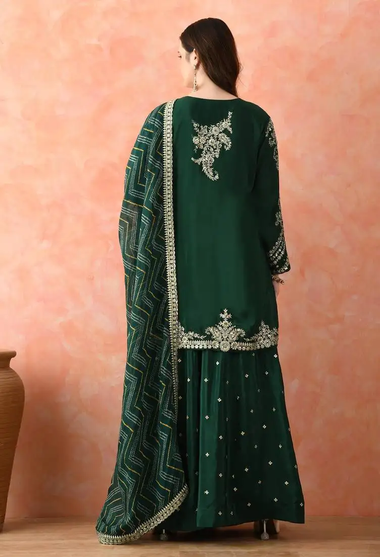 Green zardozi sharara set with dupatta stitched