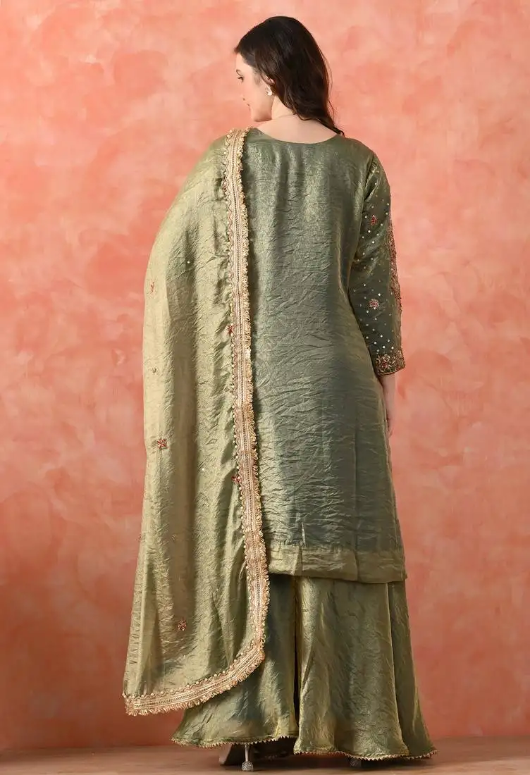 Green sharara set with zardozi & pearl detailing stitched