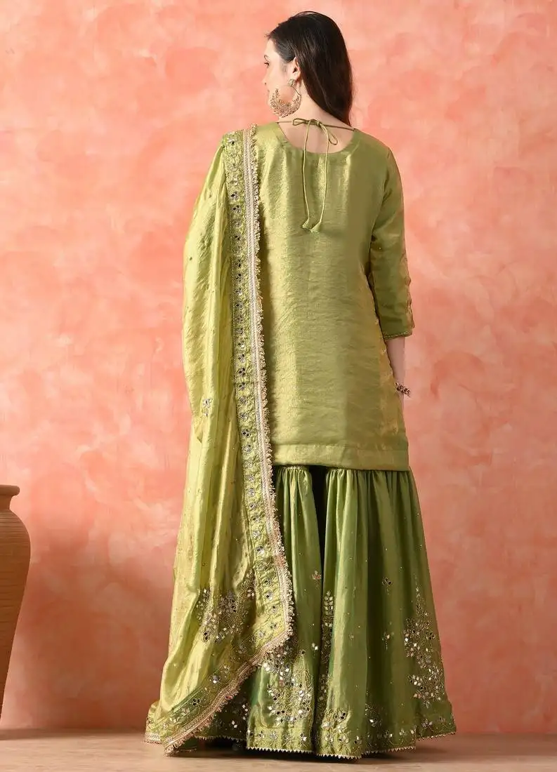 Green gharara set with mirror & cutdana work stitched