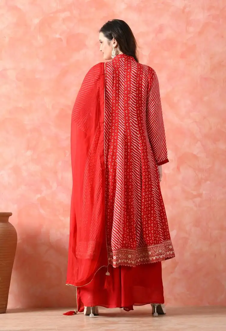 Red anarkali set with mirror & pearl work stitched
