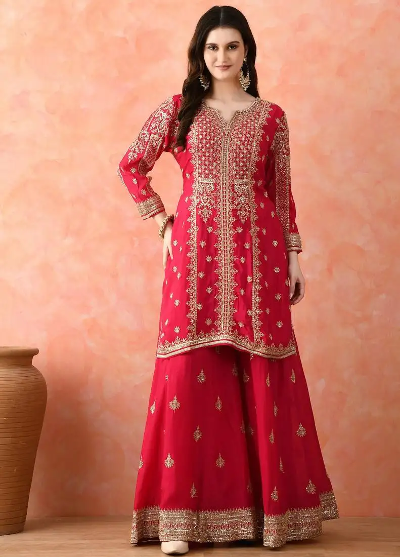 Rani pink sharara set with zardozi work stitched