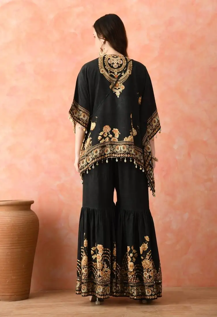 Black kaftaan gharara set with mirror work stitched