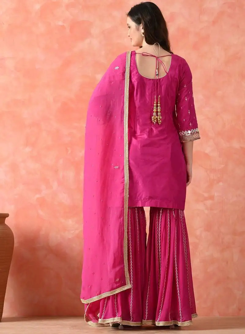 Rani pink gharara set with zardozi & pearl work stitched