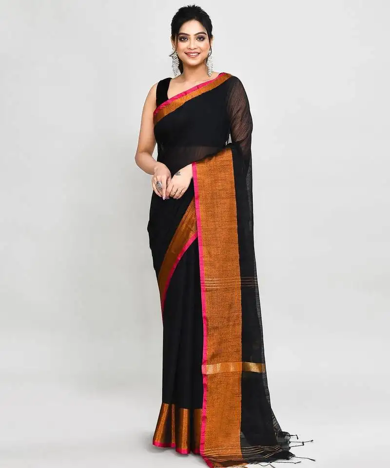 Black and pink cotton saree with running blouse