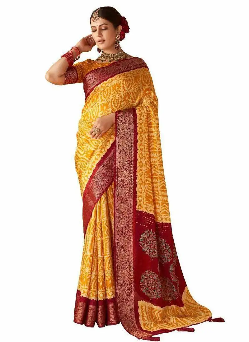 Women yellow kashmiri silk zari border work saree