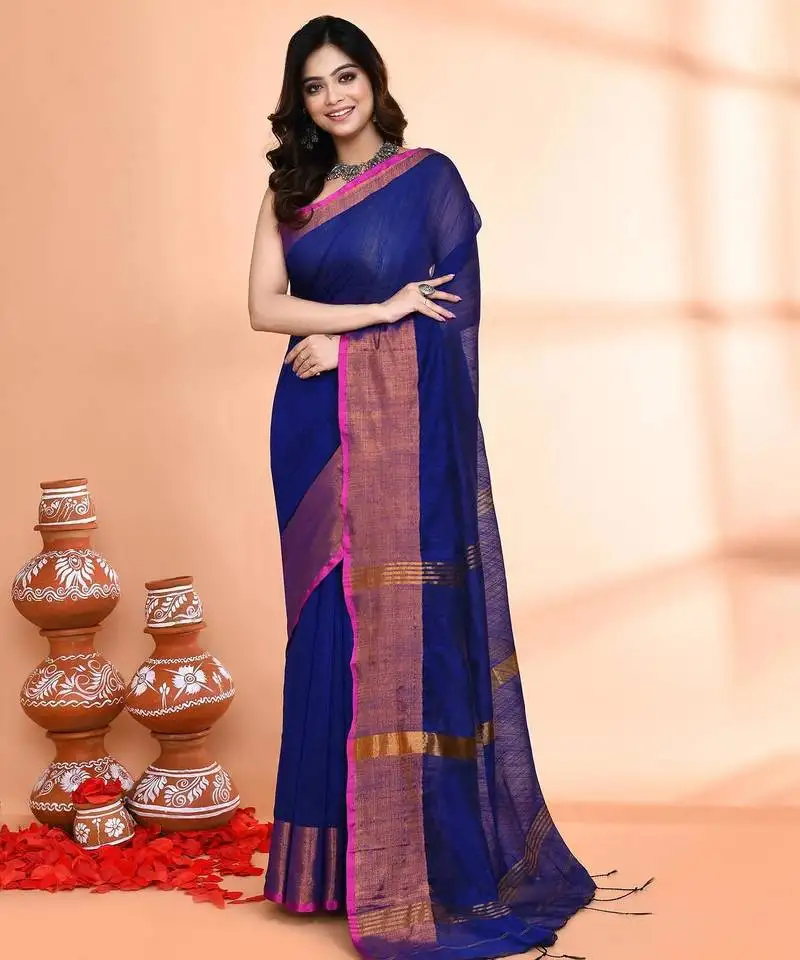 Navy blue and megenta pink cotton saree with running blouse