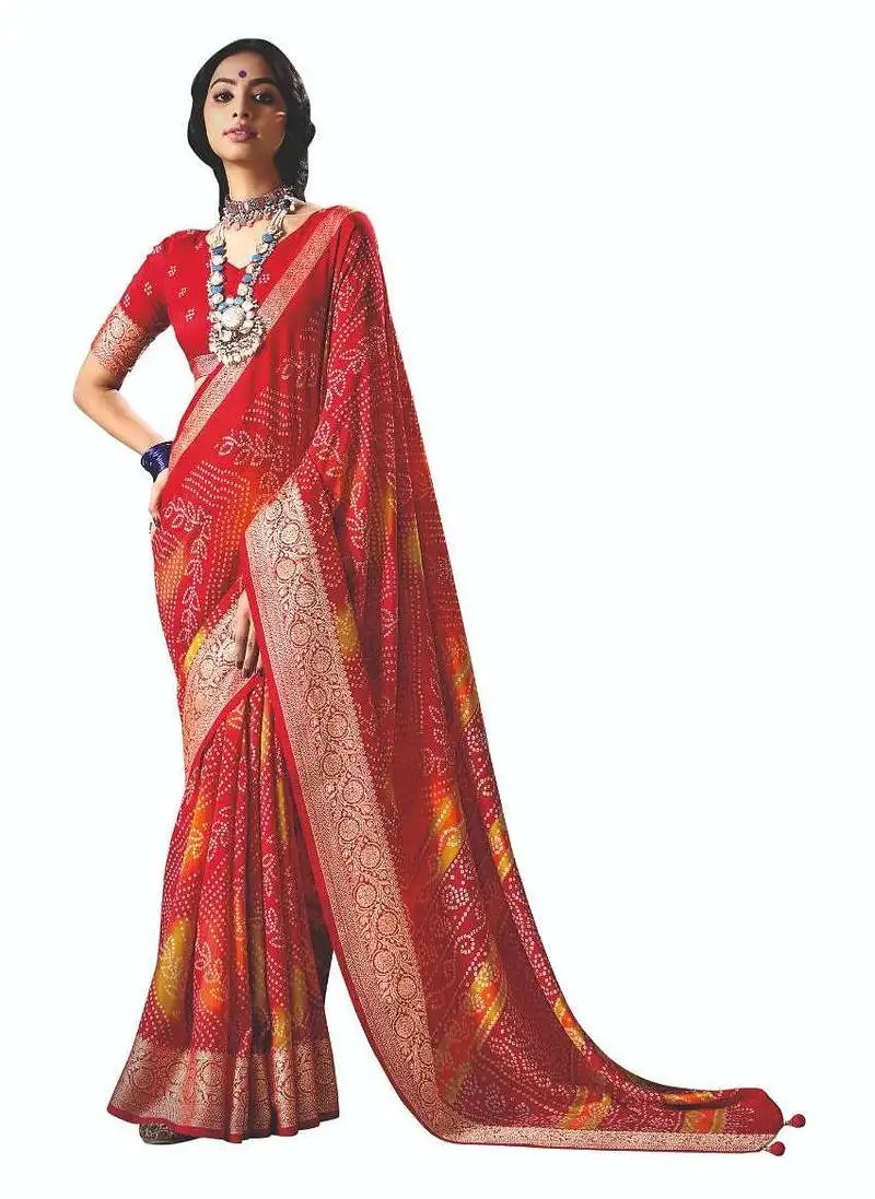 Women red vicitra soft fabric with digital print saree