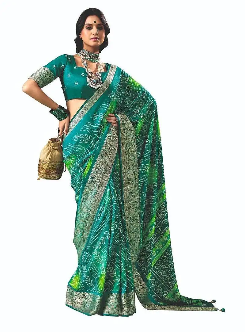 Women green vicitra soft fabric with digital print saree