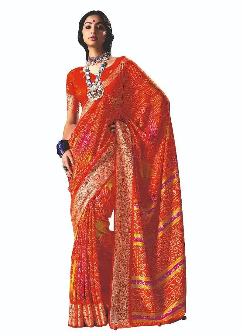 Women orange vicitra soft fabric with digital print saree