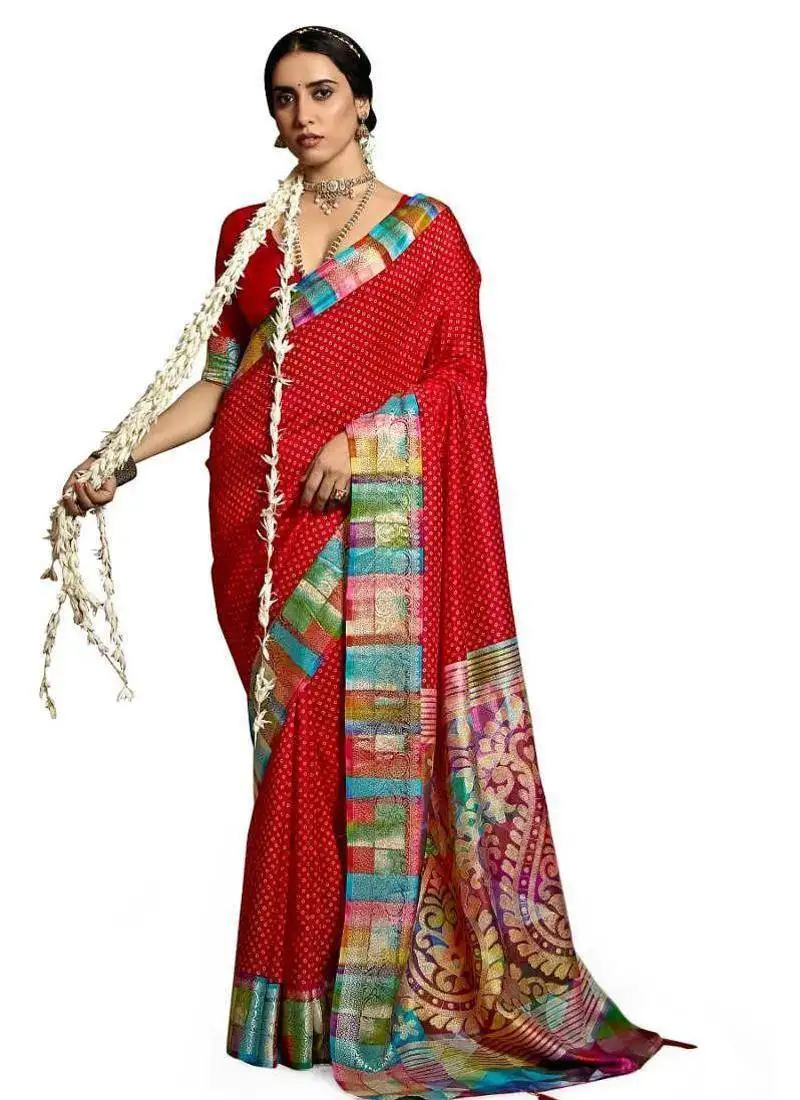 Women red tushar silk with zari border and designer pallu