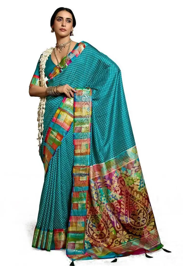 Women rama green tussar silk with zari border and designer pallu