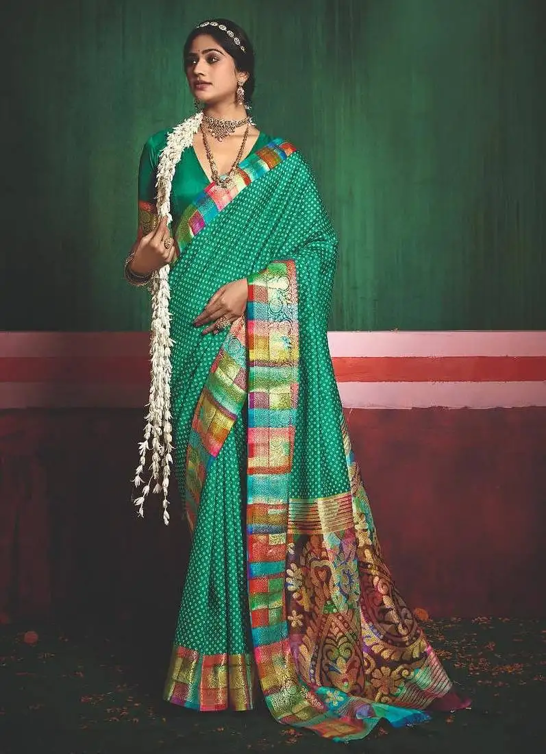 Women bottle green tushar silk with zari border and designer pallu