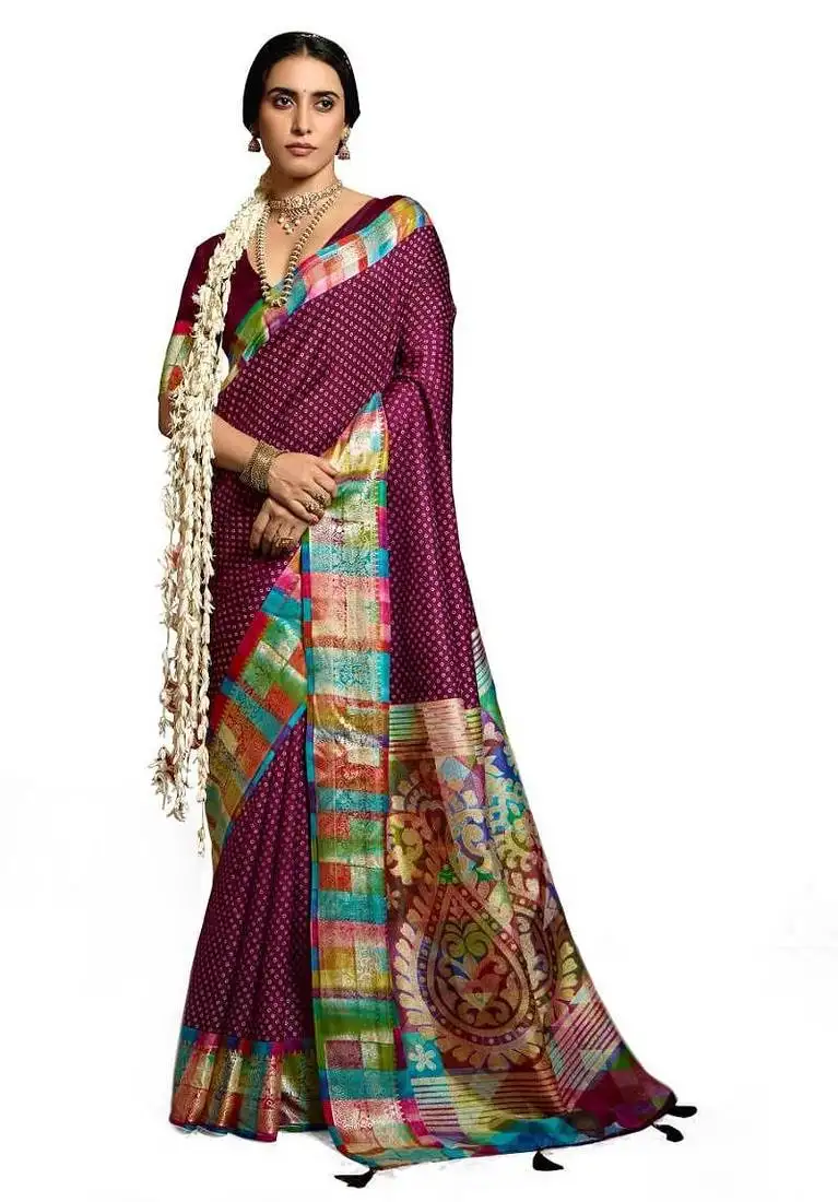 Women maroon tushar silk with zari border and designer pallu