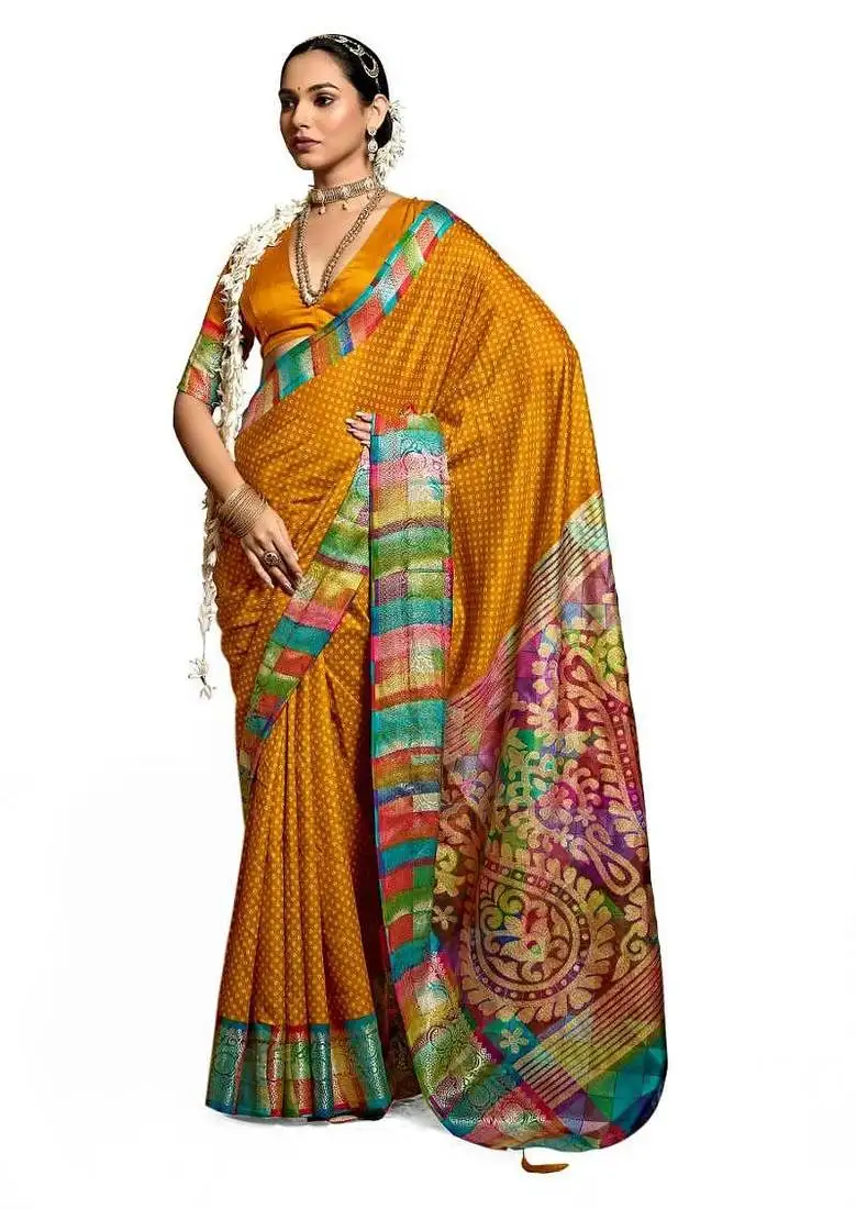 Women mustard tushar silk with zari border and designer pallu