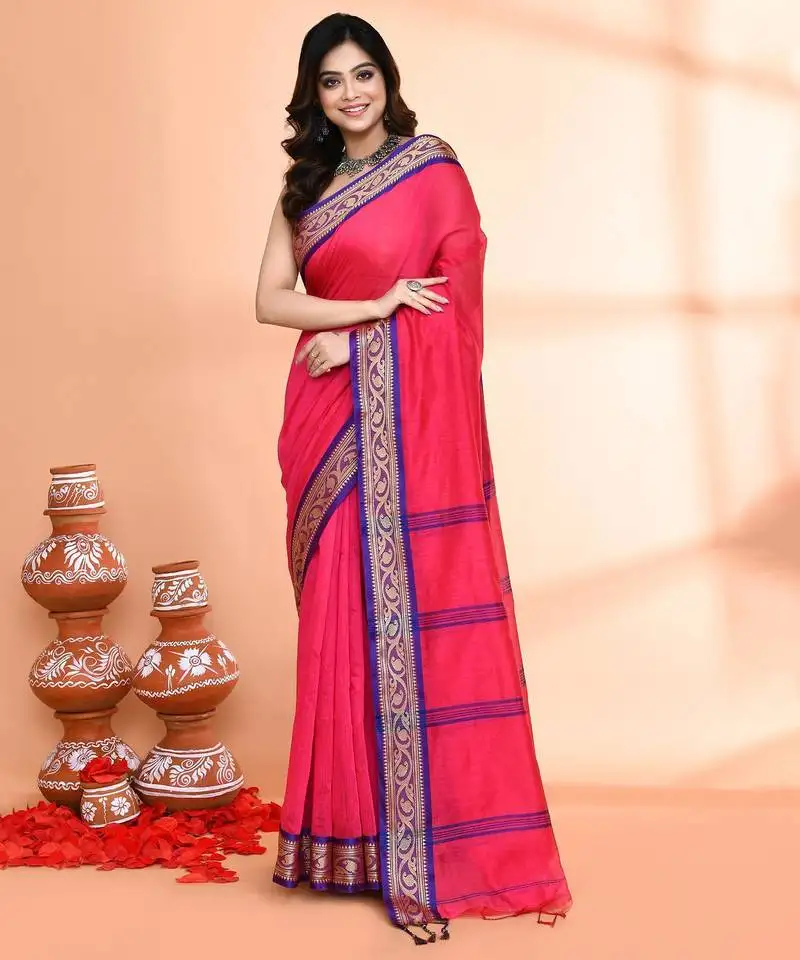 Pink and blue cotton saree with running blouse