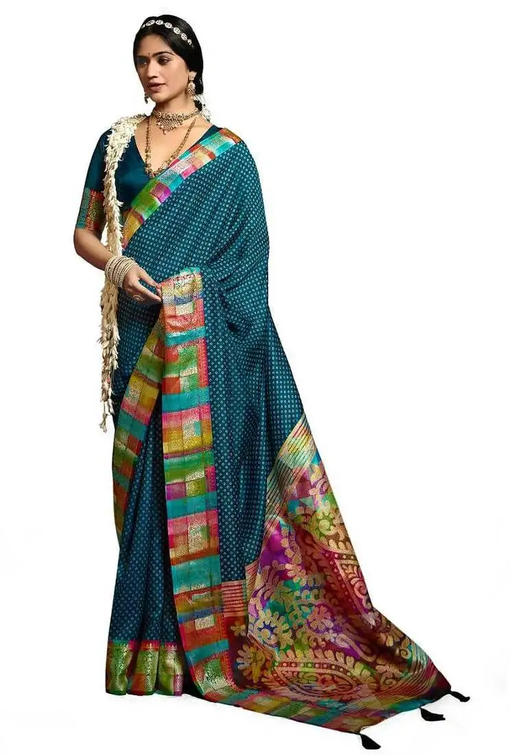 Women blue tushar silk with zari border and designer pallu
