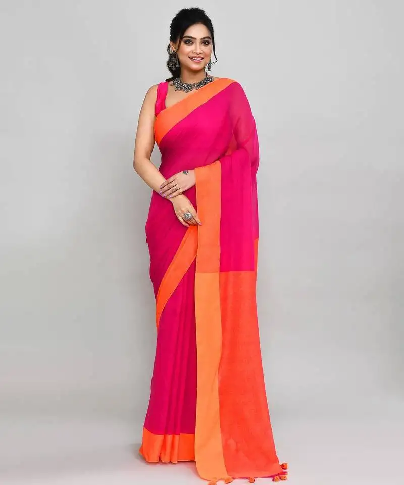 Orange and pink cotton saree with running blouse