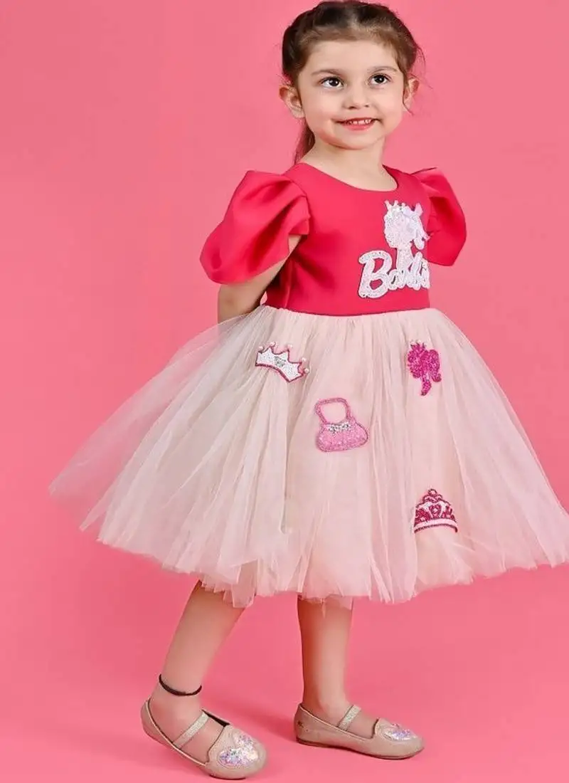 Pink embroidered faux polyester dress