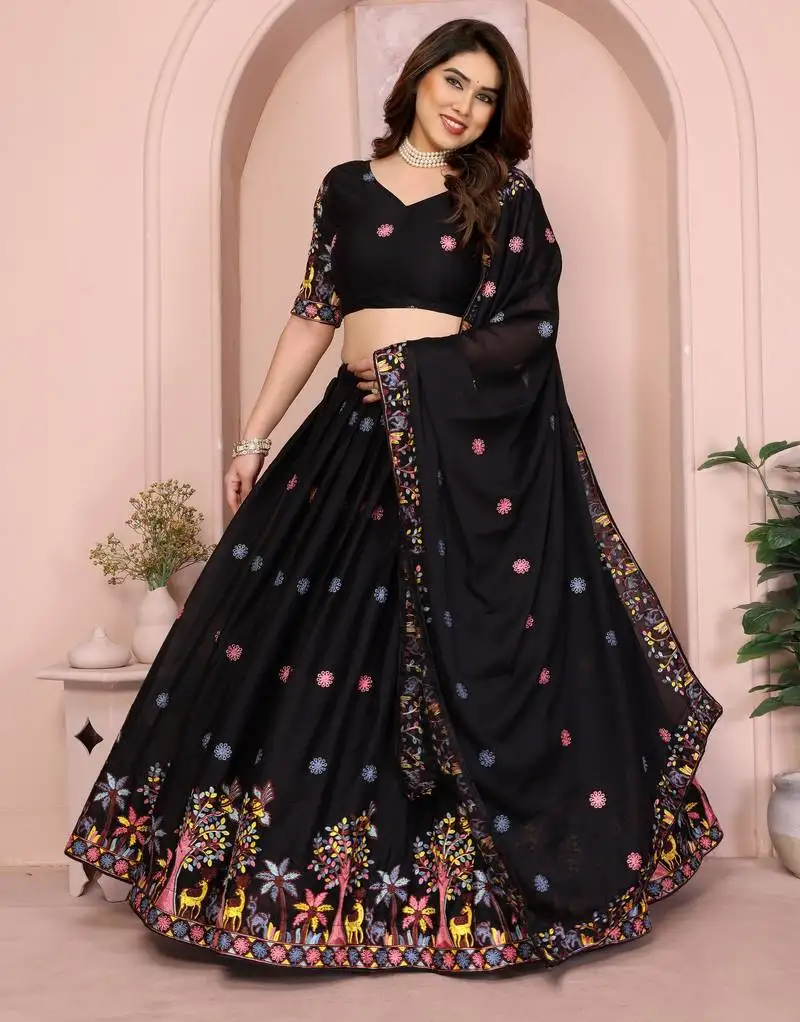 Captivating black sequins work and thread work star georgette designer wedding indian lehenga choli dress
