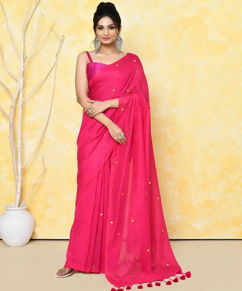 Magenta pink cotton saree with running blouse
