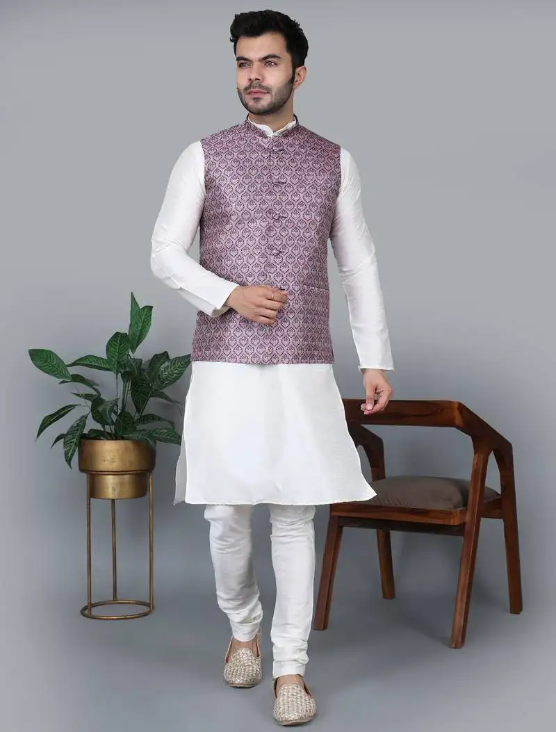 Men’s cream kurta churidar with printed pink waistcoat (rg-19547-36)