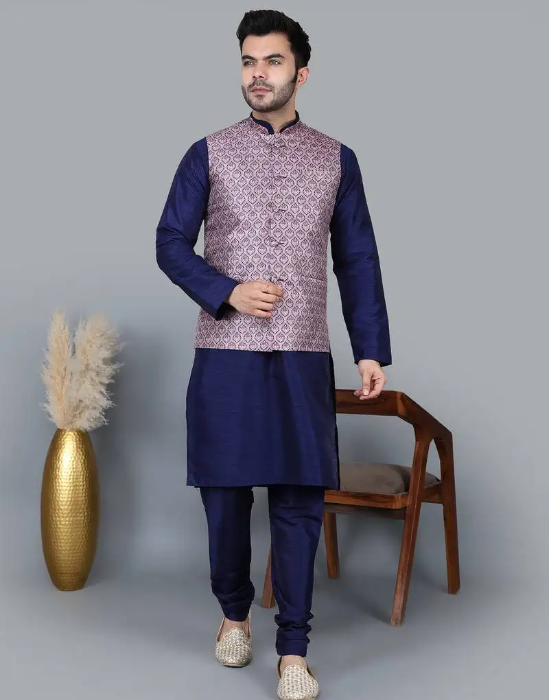 Men’s navy blue kurta churidar with printed pink waistcoat (rg-19548-36)