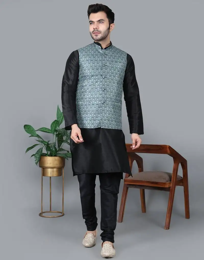 Men’s black kurta churidar with gray printed waistcoat (rg-19549-36)