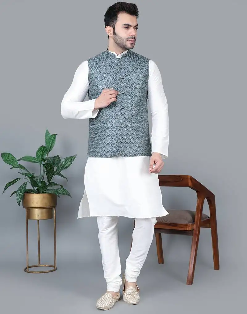 Men’s cream kurta churidar with gray printed waistcoat (rg-19550-36)