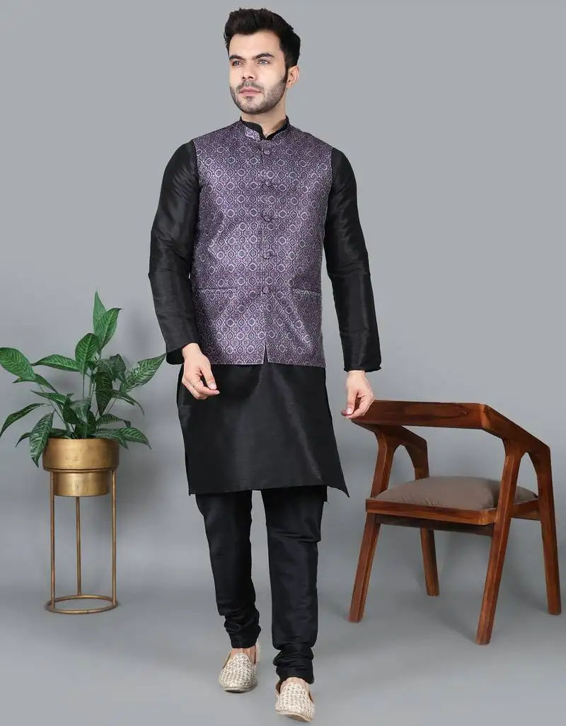 Men’s black kurta churidar with printed purple waistcoat (rg-19551-36)
