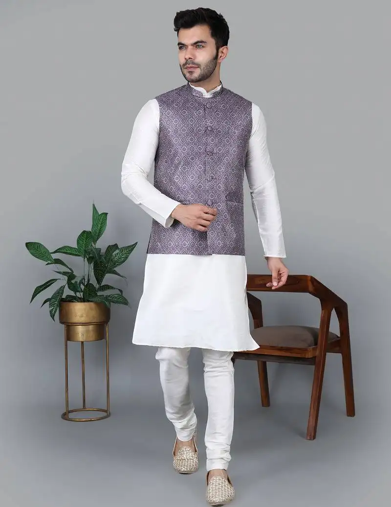 Men’s cream kurta churidar with printed purple waistcoat (rg-19552-36)