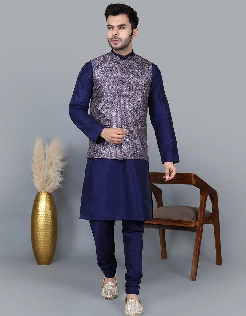 Men’s navy blue kurta churidar with printed purple waistcoat (rg-19553-36)