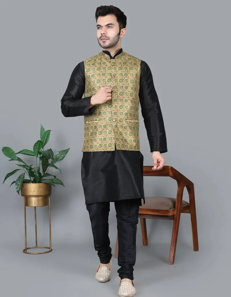 Men’s black kurta churidar with blue flower waistcoat (rg-19554-36)