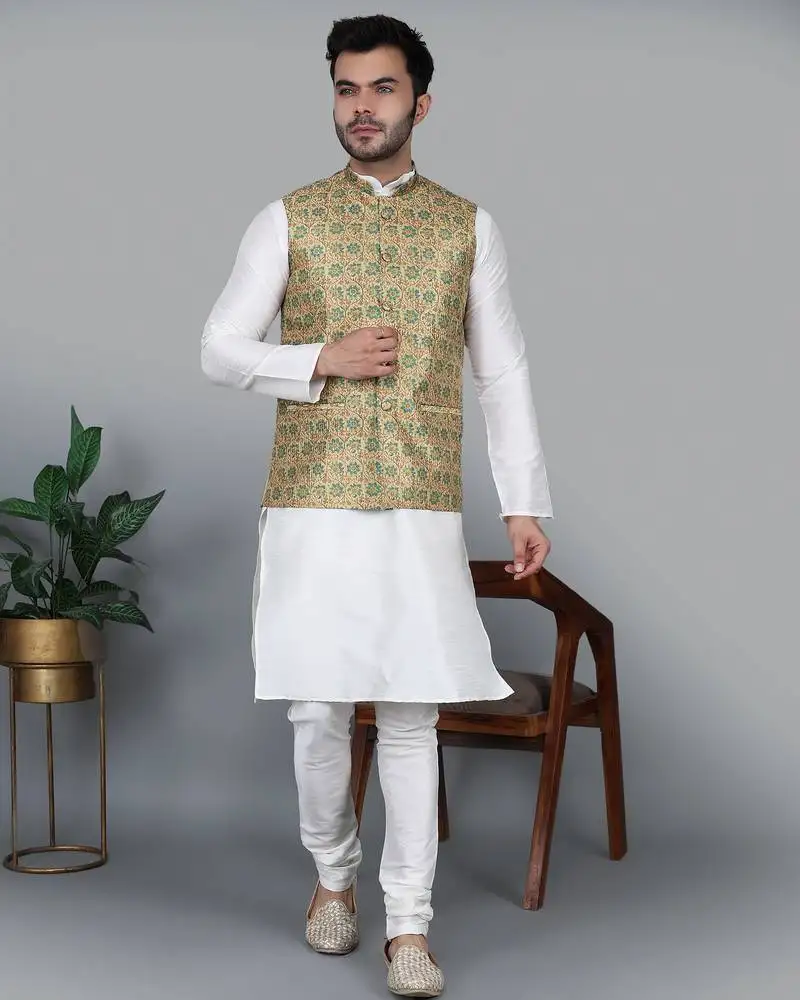 Men’s cream kurta churidar with blue flower waistcoat (rg-19555-36)