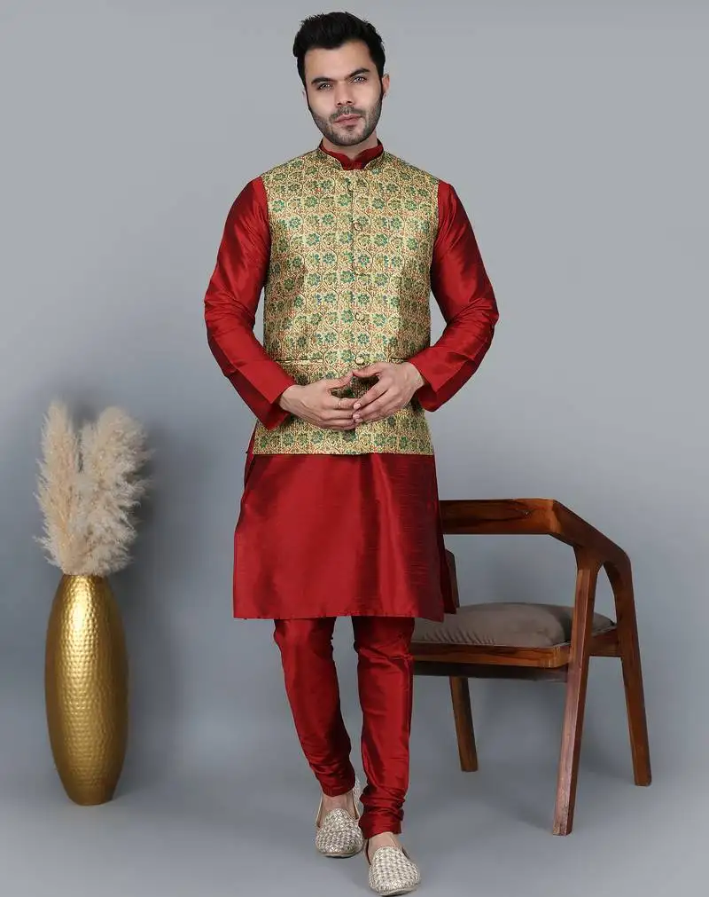Men’s maroonkurta churidar with blue flower waistcoat (rg-19556-36)