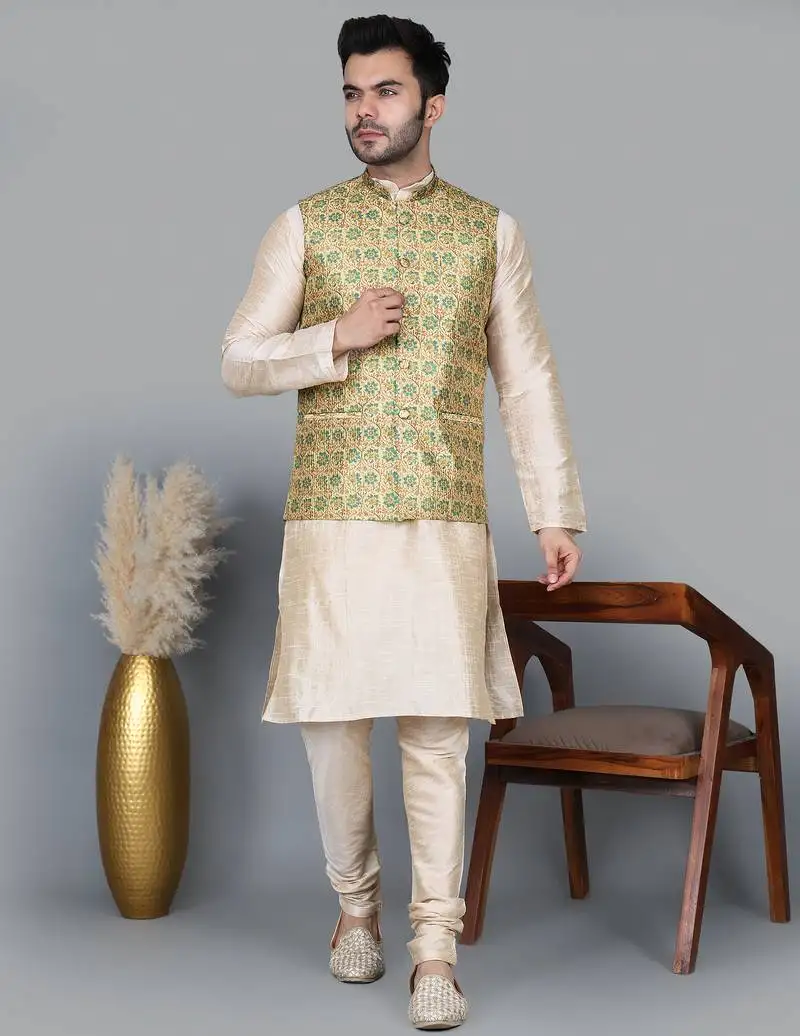 Men’s double tone kurta churidar with blue flower waistcoat (rg-19557-36)