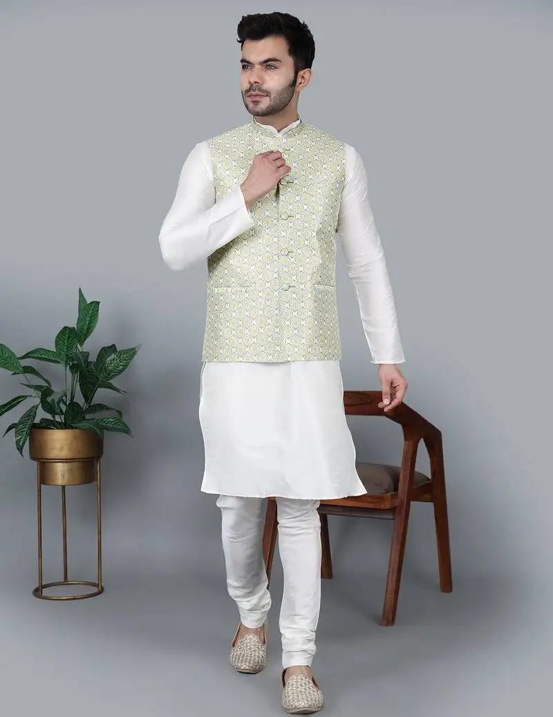 Men’s cream kurta churidar with yallow printed waistcoat (rg-19558-36)