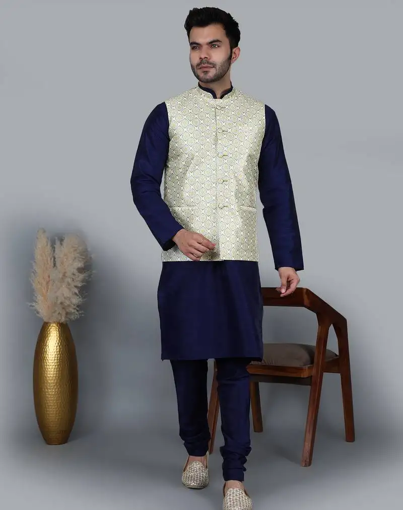 Men’s navy blue kurta churidar with yallow printed waistcoat (rg-19559-36)