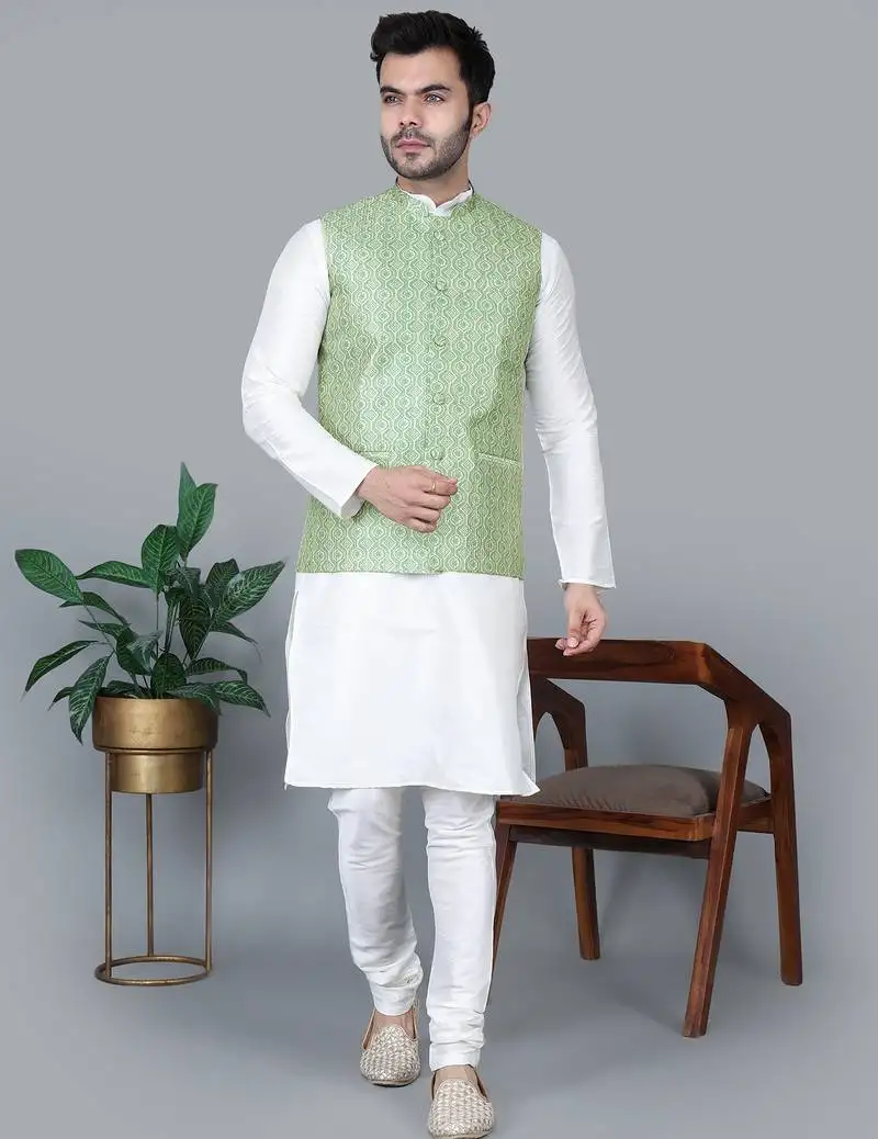 Men’s cream kurta churidar with green zig-zag waistcoat (rg-19560-36)